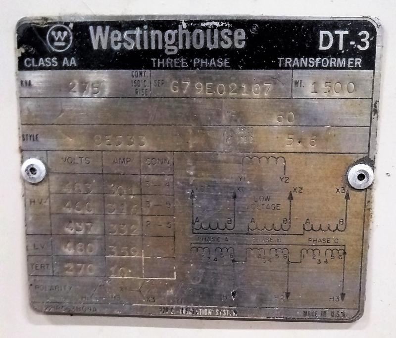 Westinghouse DT3, 275 KVA Transformer Garden City Plastics